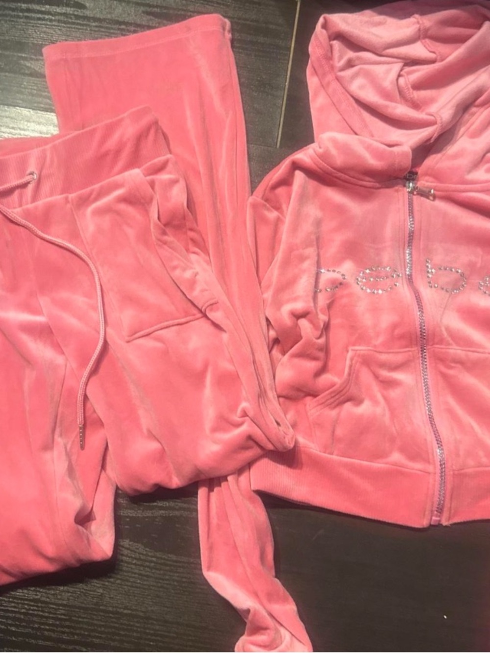 bebe Pink Velour Zip Hoodie Jacket with Rhinestone Logo